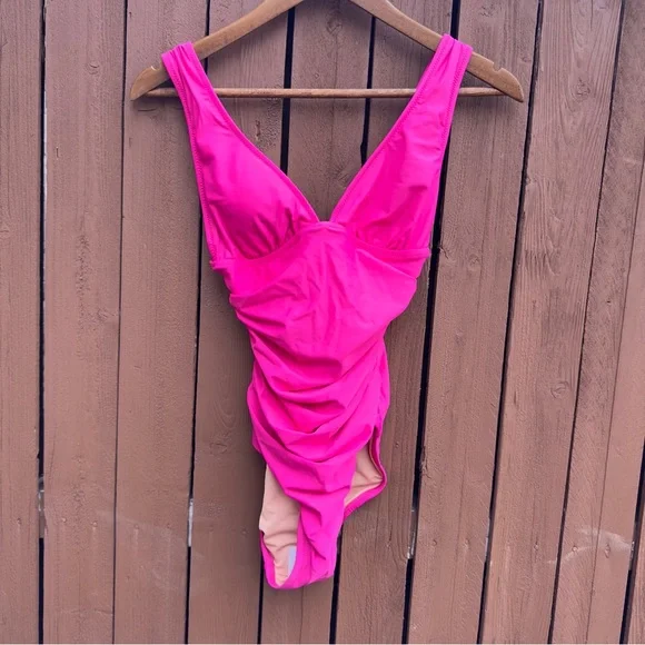 J. Crew | NWT Size 2 Ruched V Neck One Piece Fuchsia Bathing Suit Style BC116 - Picture 5 of 16